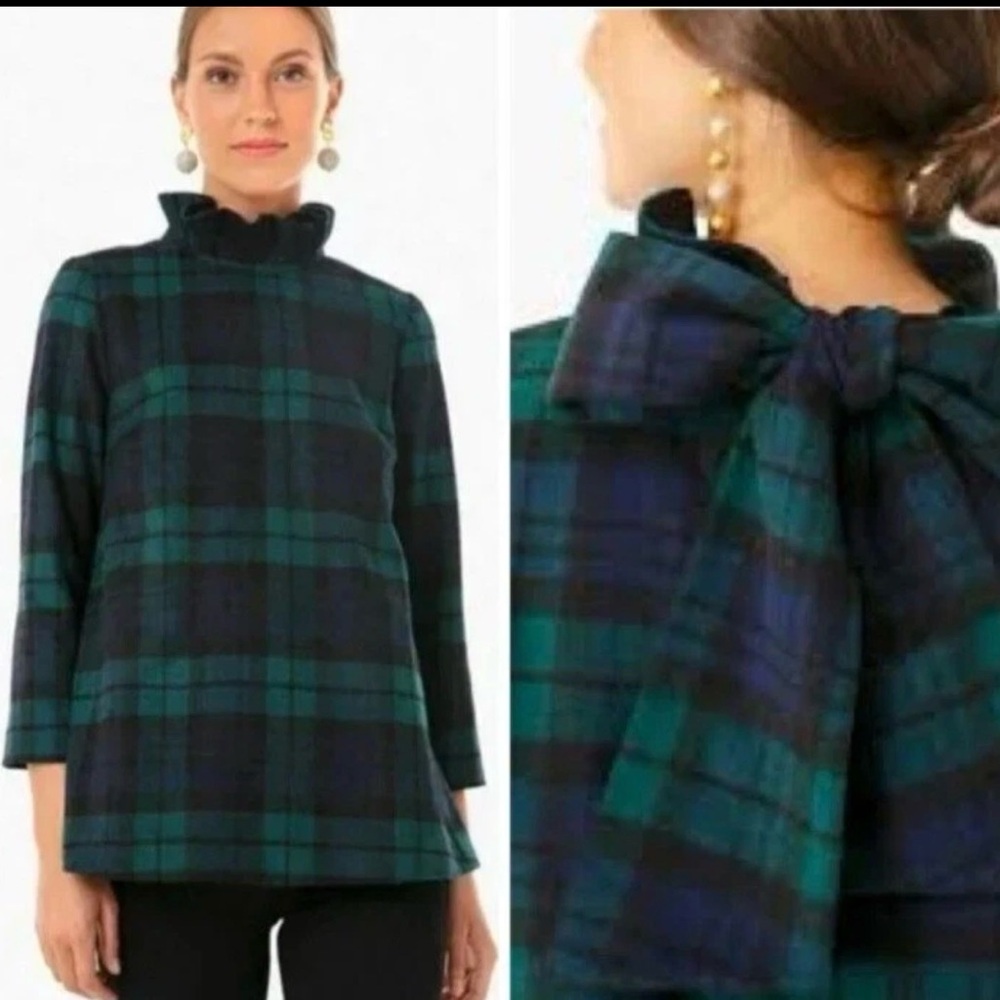 NWT Tuckernuck Blackwatch Green Blue Plaid Tartan Bow Wool Faye Blouse Top XS